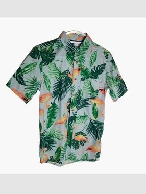 Old Navy Everyday Shirt Men's XS Blue Flamingo All Over Print Button 100% Cotton